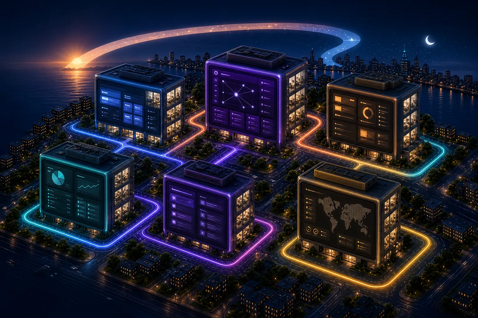 Six connected digital workspaces representing the Connect67 business platform