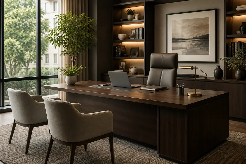 Sophisticated advisory office with a dark wood desk and client chairs