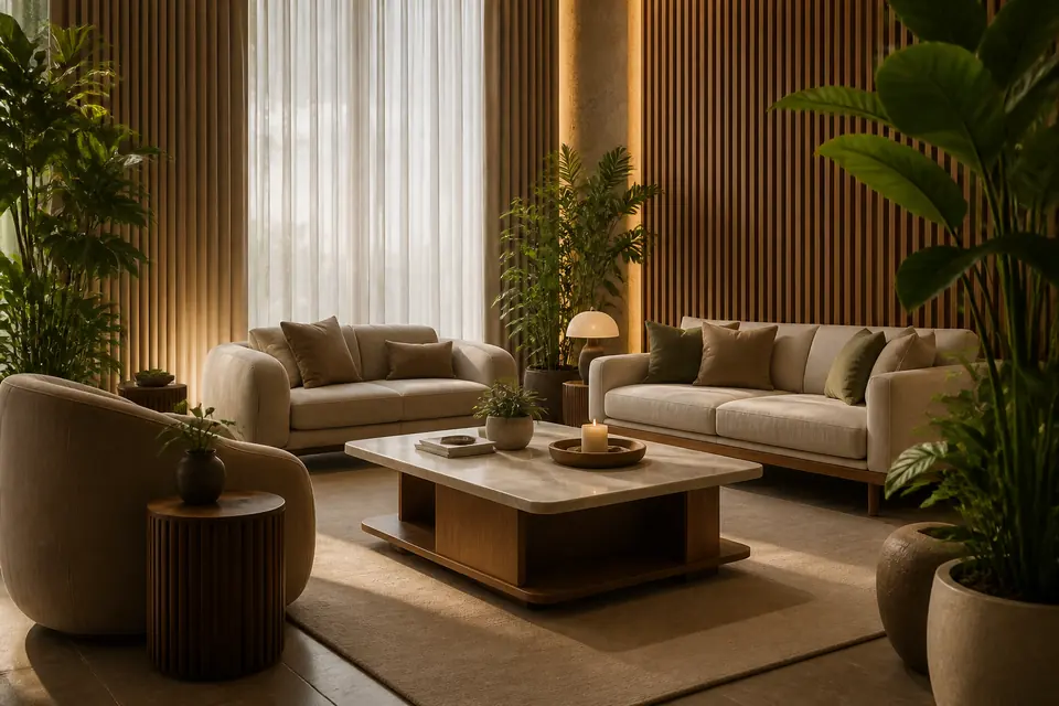 Warm contemporary service lounge with soft seating and greenery